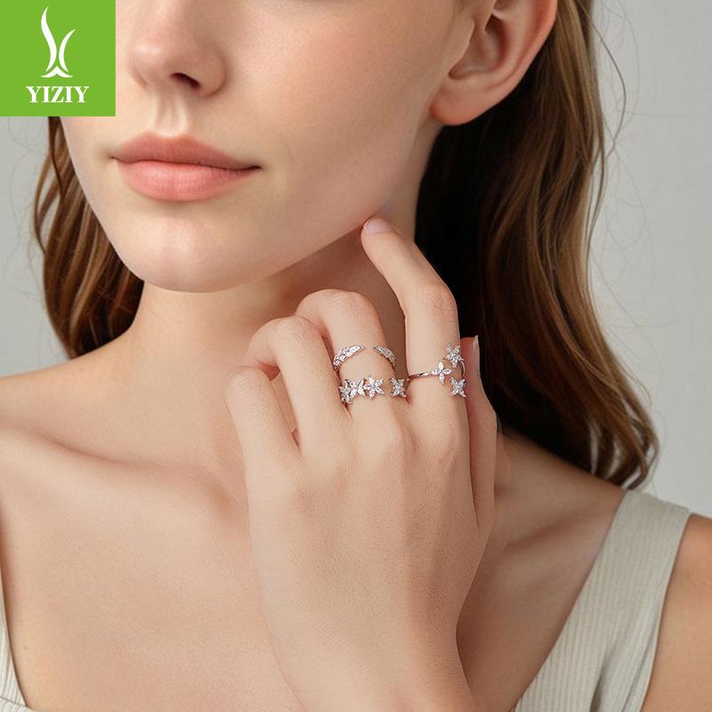 Sparkling Zircon Autumn Leaf Open Ring Women'S Romantic Autumn Leaf S925 Sterling Silver Ring Jewelry