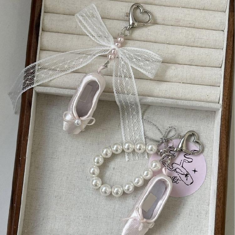 Ballet Shoe Keychain Featuring Lace Bowknot And Pearls Detail For Fashion Forward Individuals And Dance Fan