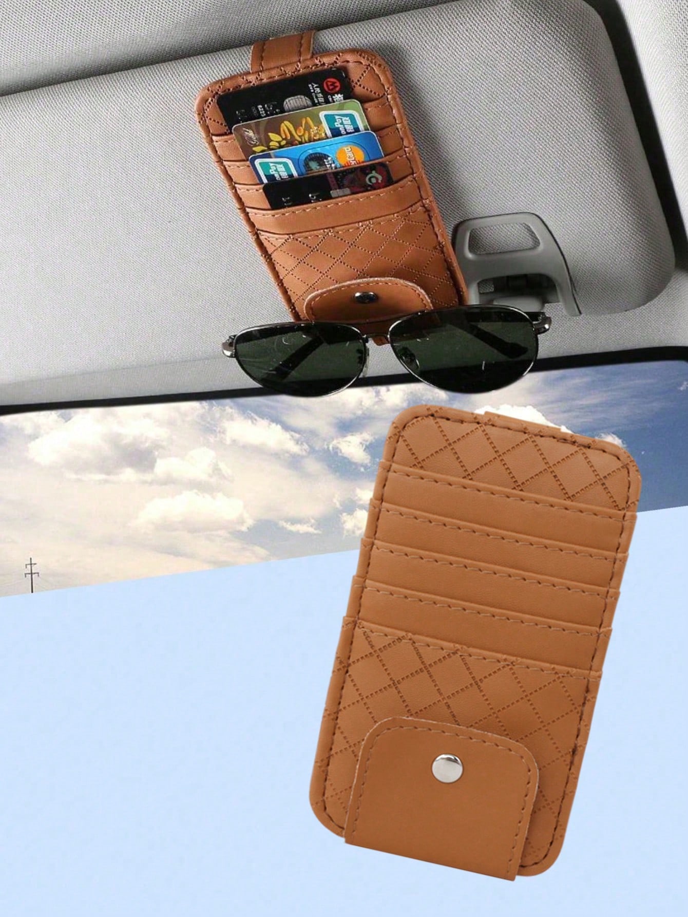 

1Pc Car Sun Visor PU Leather Organizer - Multifunctional Sunglasses & Card Holder, Velcro Design, Universal Fit. коричневый