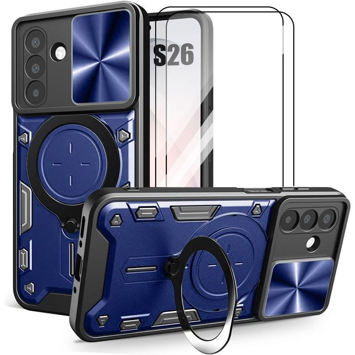 Coque pour Samsung Galaxy S26, Antichoc avec Anneau Magnétique - Bleu Marine - 2 Verres Trempés
