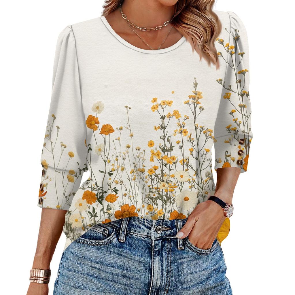 Womens Tops 3/4 Sleeve With Buttons Casual Blouses Summer Outfits Beach Vacation Clothes