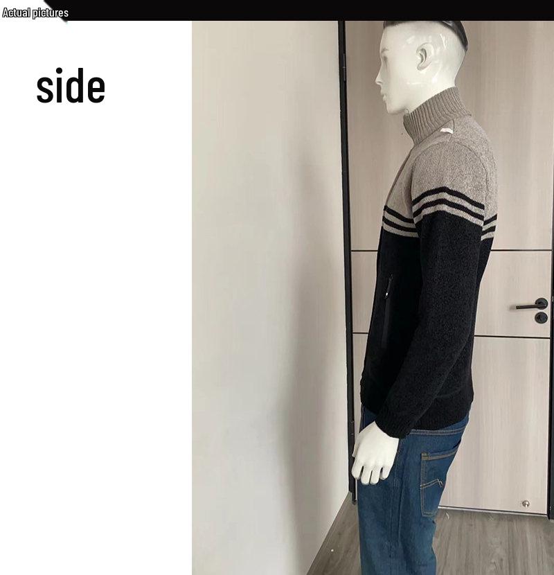 Men's Color Block Stand Collar Knitted Cardigan - Autumn/Winter Plus Velvet Long-Sleeve Sweater