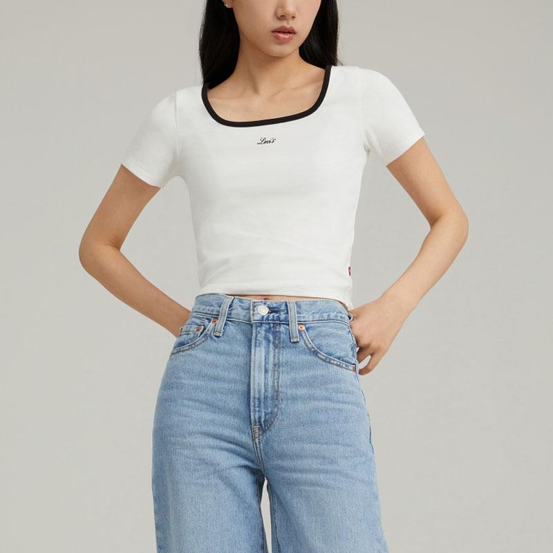 Levis SS24 Summer Collection Letter Jacquard Square Neck Comfortable Short Sleeve T-Shirt Women Tops White 0019T-0000