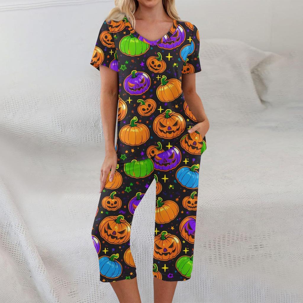2 Piece Sets For Women Short Sleeve Top And Pants With Pockets Workout Soft Halloween Print Sets