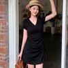 Hepburn Style High-end Small Black Dress Summer New Waist Drawstring V-neck Pleated Ruffle Edge Hip-wrapped Dress Women