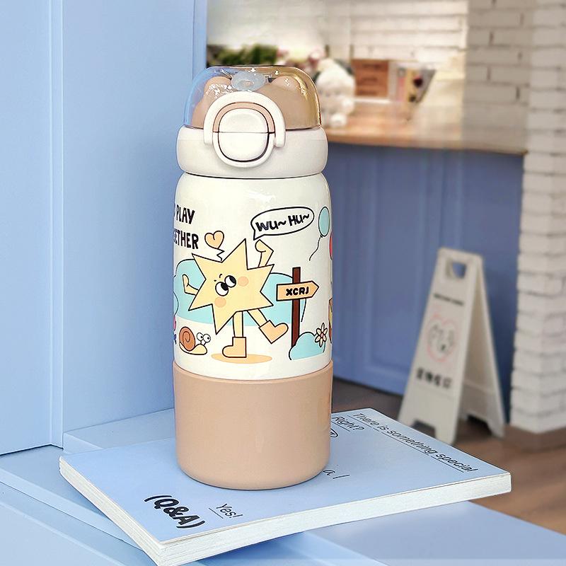 500ml Cute Cartoon Kids Insulated Water Bottle with Straw, 304 Stainless Steel Thermos for School Travel