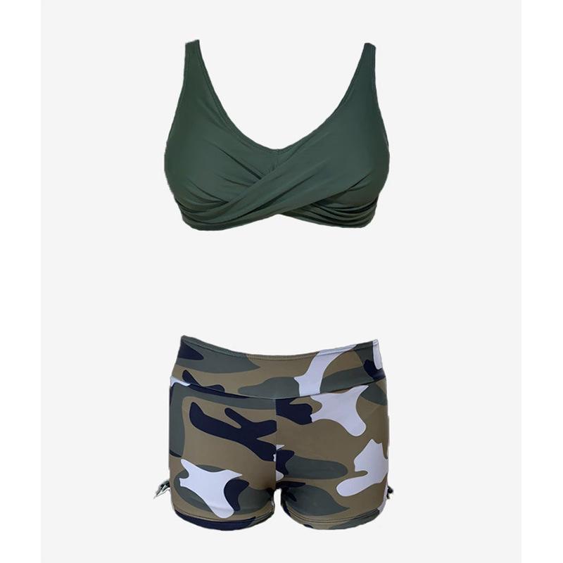 Cross-Border Women's Split Swimsuit: Sexy Solid Color Bikini with Camouflage Boxer Shorts