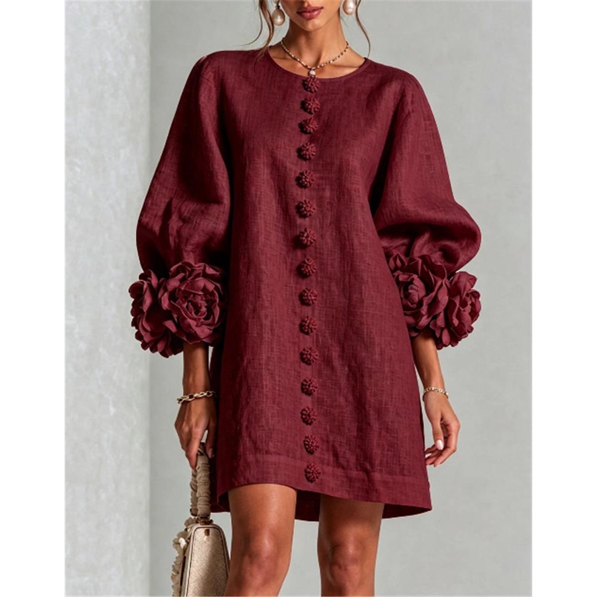 Dames 3D Bloemenmanchet Lantaarnmouw Mini Jurk Voorkant Decoratieve Knoppen Losse Casual Korte Jurk Feest Vakantie Jurk XXXL donkere scharlaken kleur