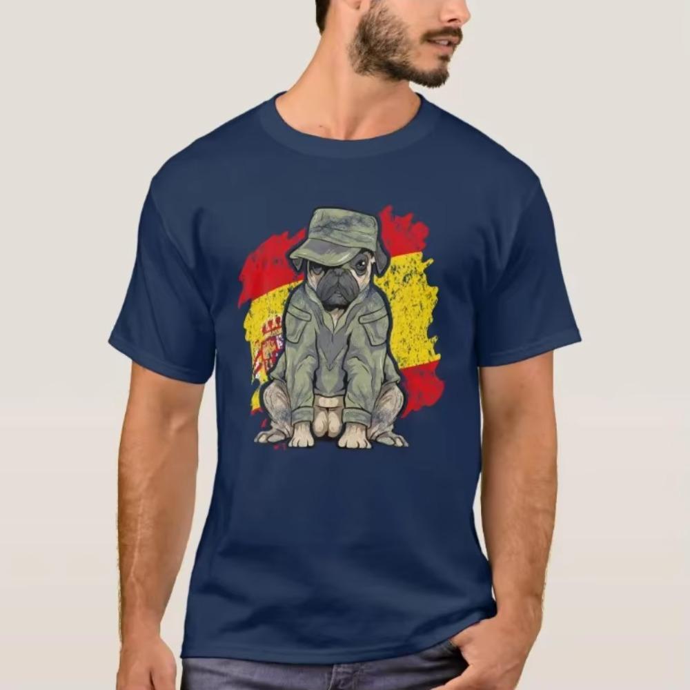 Funny Pug Dog Soldier Army Spain Flag Military T-Shirt. Premium Cotton Short Sleeve O-Neck Mens T Shirt New S-3XL