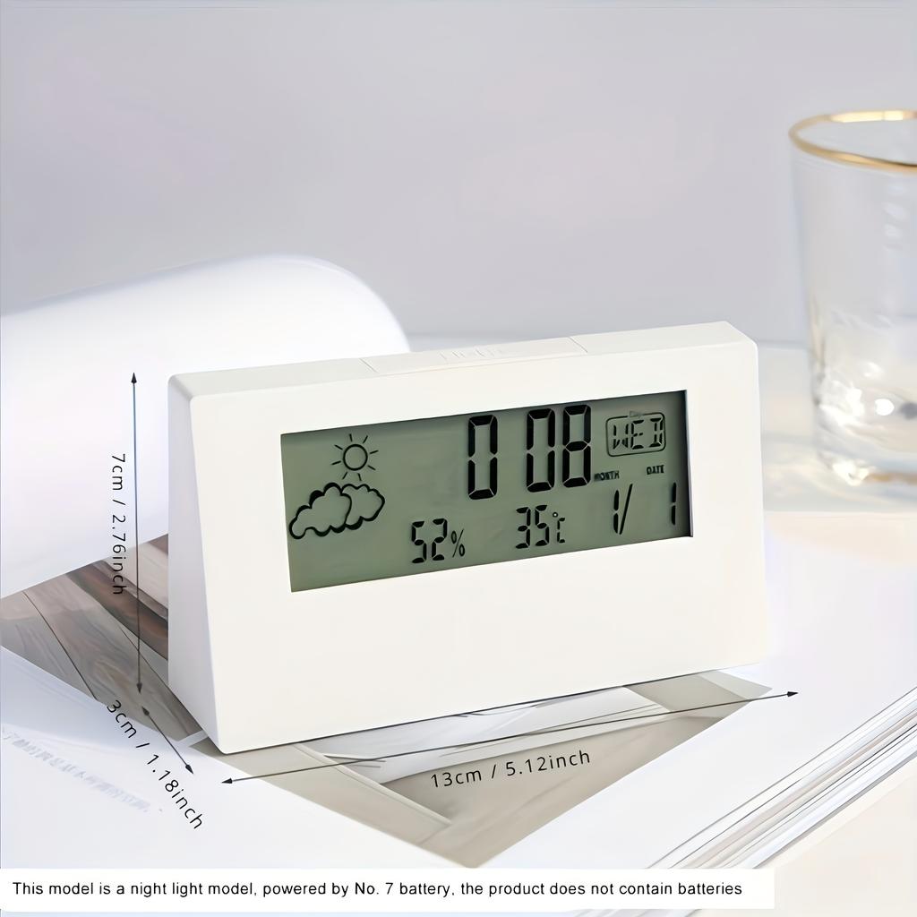 Silent LED Digital Clock with Weather, Temperature & Humidity Display - Battery-Powered Desk Alarm Clock for Home or Office