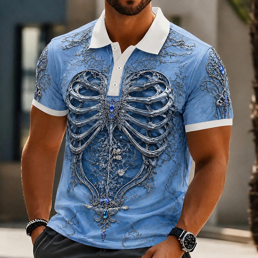 Men Halloween Skeleton 3D Printed Short‑Sleeve Collared Polo Shirt Buttons Casual Athleisure Spring Summer Daily Festival Outfit