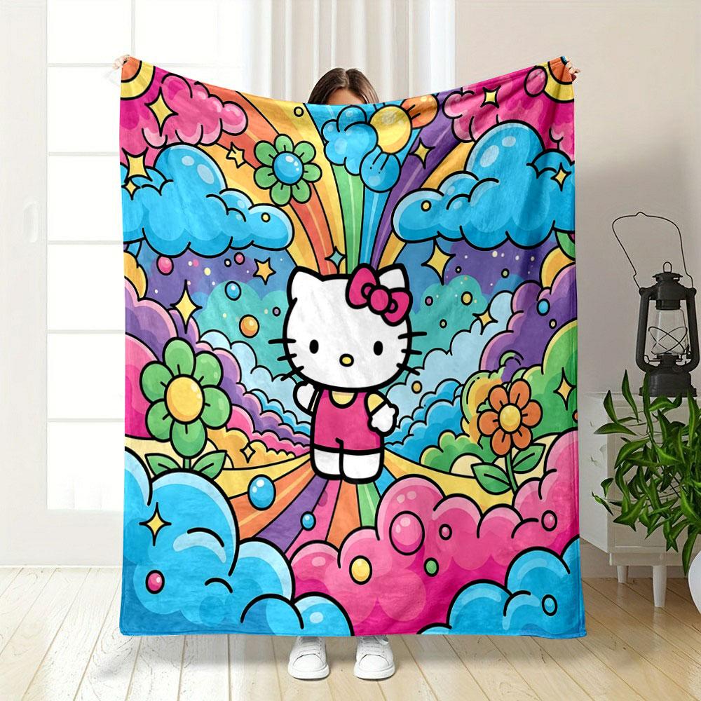 Colorful Hello Kitty Rainbow Design Patterned blanket, flannel, suitable for all seasons, home decor, warm and cozy