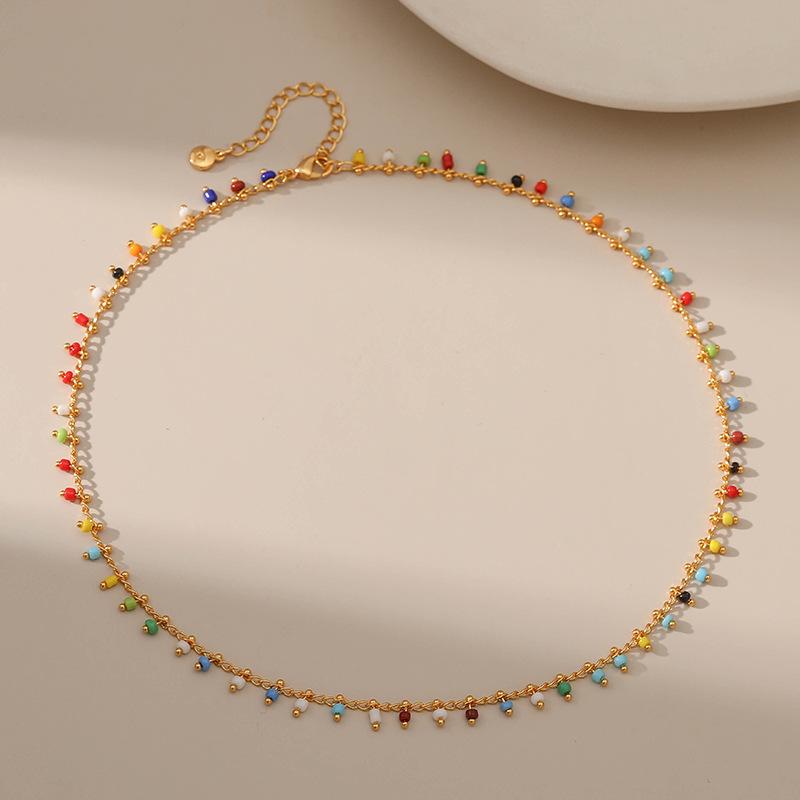 Gold Plated Stainless Steel Multi Color Beaded Dainty Choker Necklace разноцветный