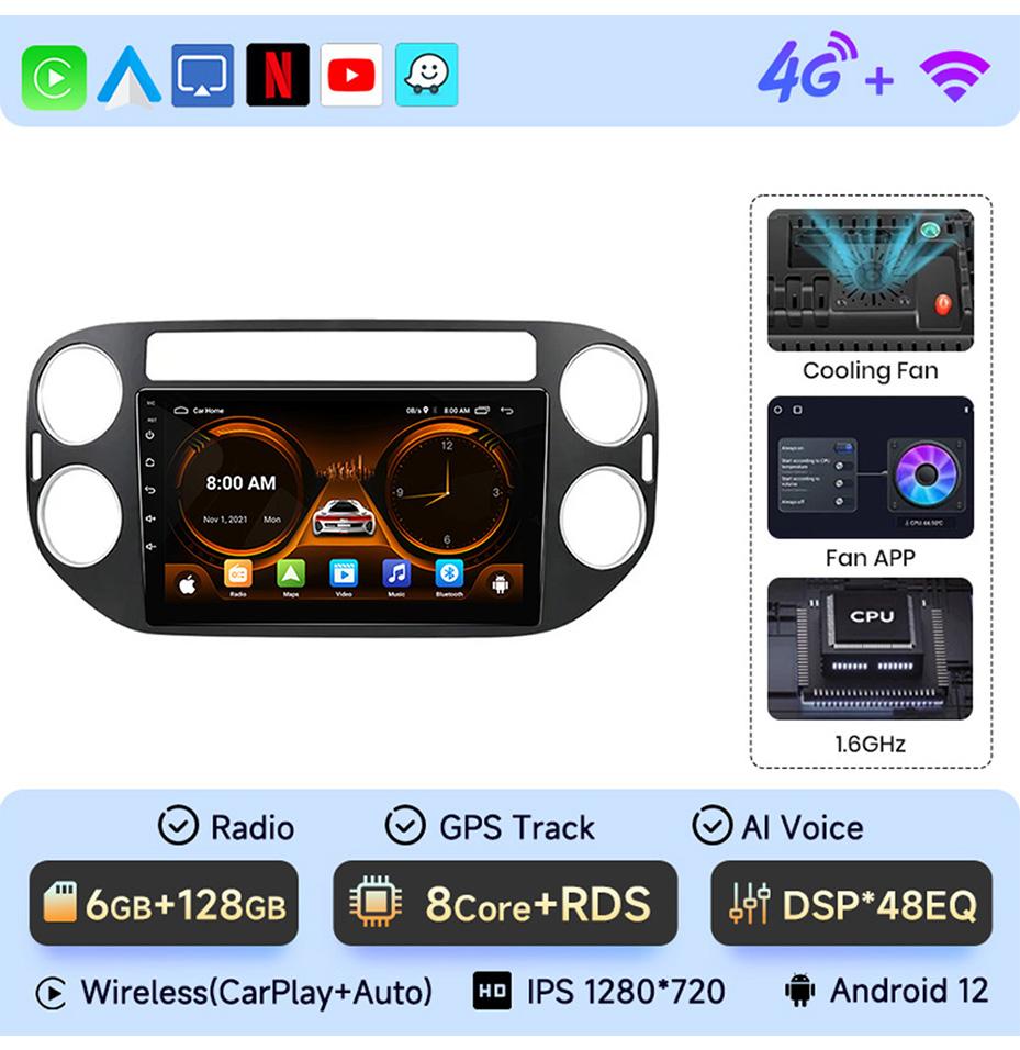 For VW Volkswagen Tiguan 1 NF 2006 -2016 2 Din Android 12 Car Radio Multimedia Video Player Stereo Carplay Auto 4G Head Unit GPS