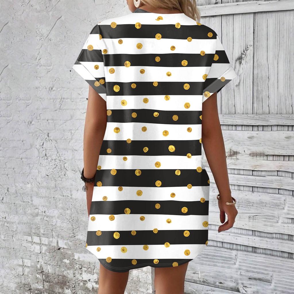 Rochie tricou lungă medie, la modă pentru femei, cu mâneci scurte, cu imprimeu de vară