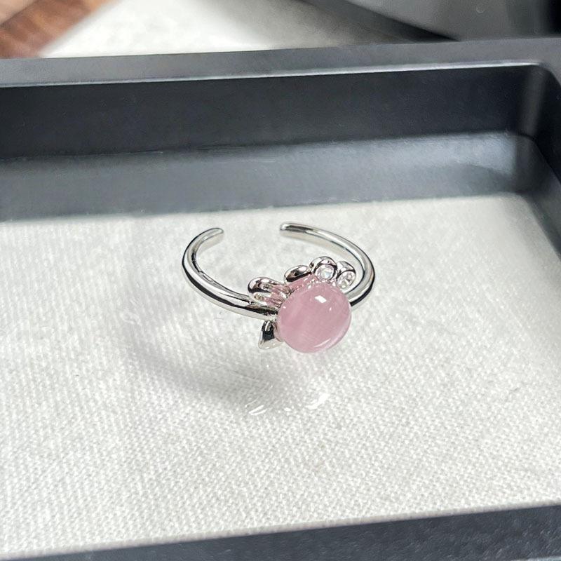 Cute palm personality unique pink cute opal design ring female simple leaf niche light luxury ring tide