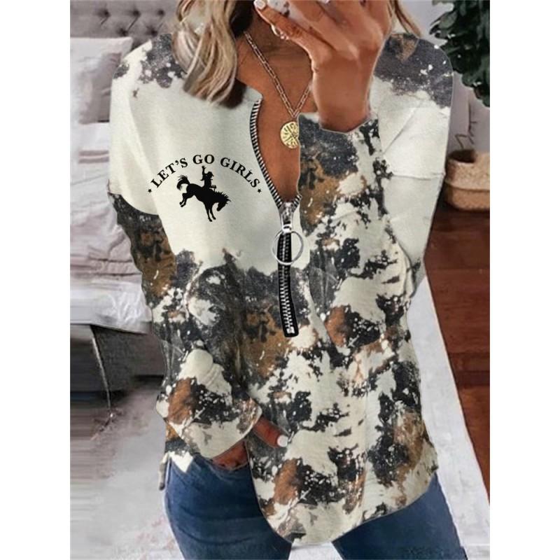Womens Trendy Abstract Print Half-Zip Long Sleeve Hooded Sweatshirt Streetwear