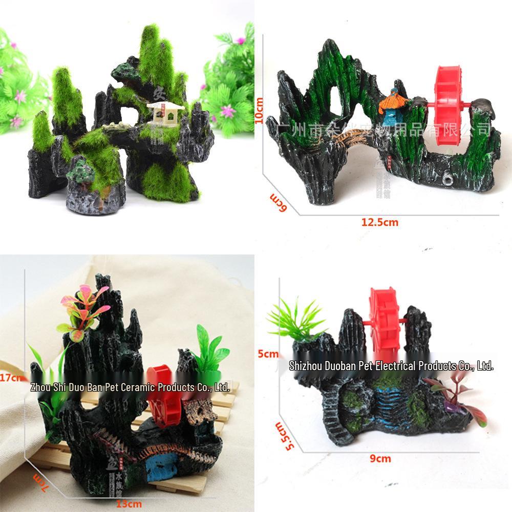 Aquarium Rockery Windmill Decoration with Air Pump-Driven Water Wheel