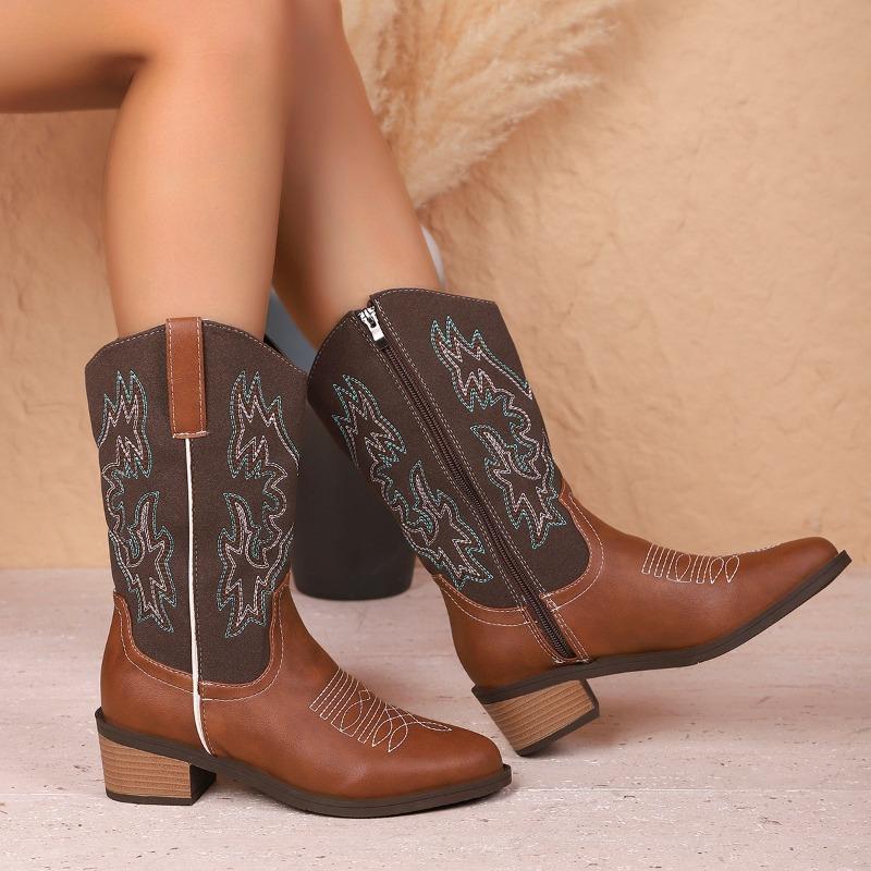 Autumn foreign trade large size retro style thick heel high boots women's cross-border embroidery color matching temperament side zipper knight boots