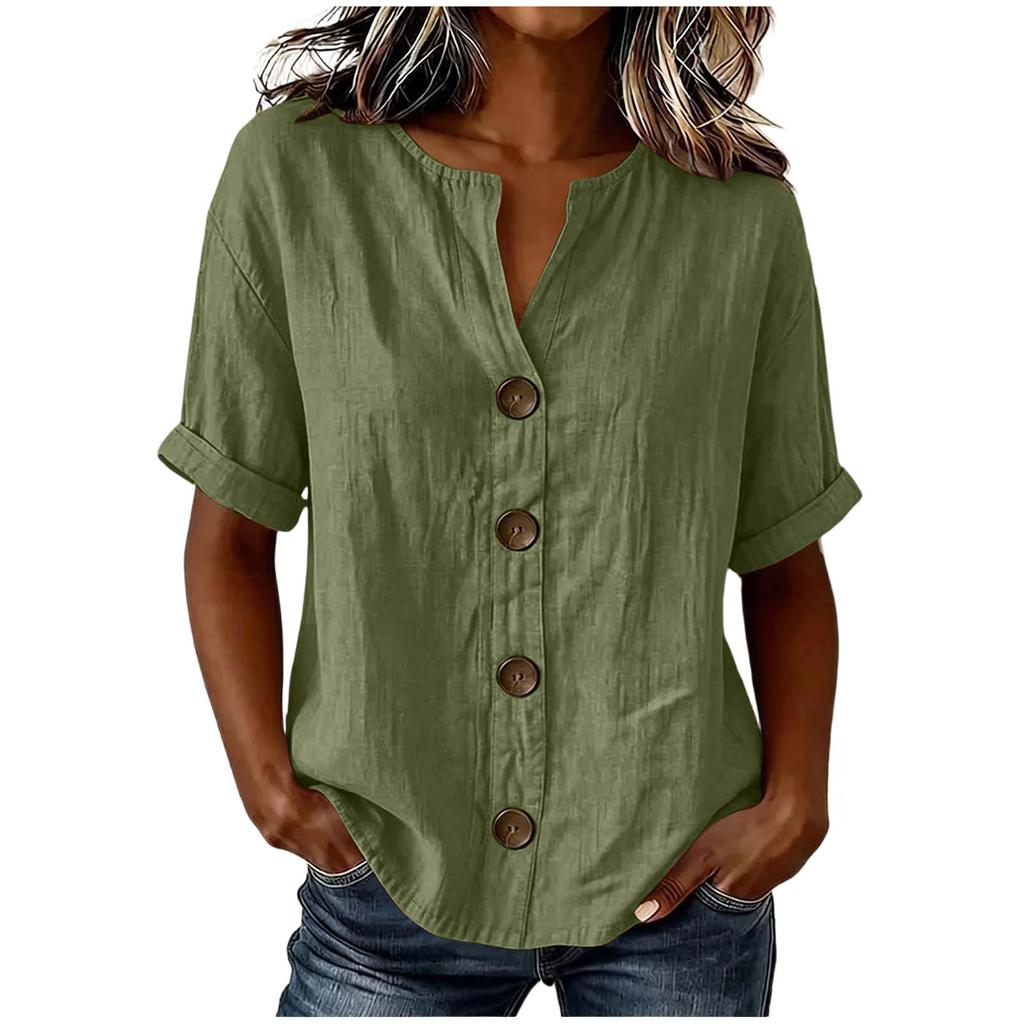 Women'S Elegant V Neck Short Sleeve Button Down Cotton Linen Blouse, Solid Color Summer Office Casual Top