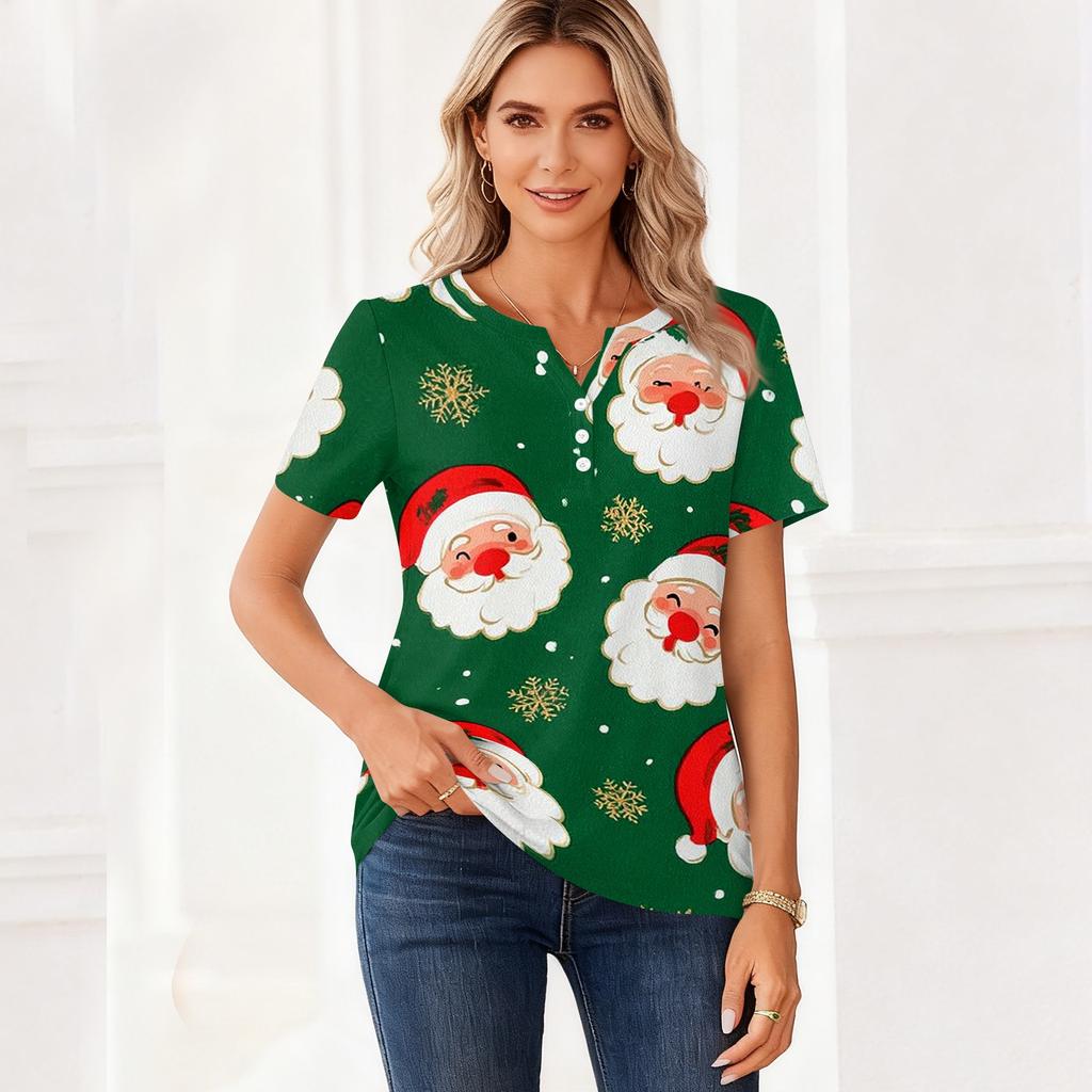 Women's Christmas Printed V-Neck Short Sleeve Button T-Shirt Casual Holiday Top