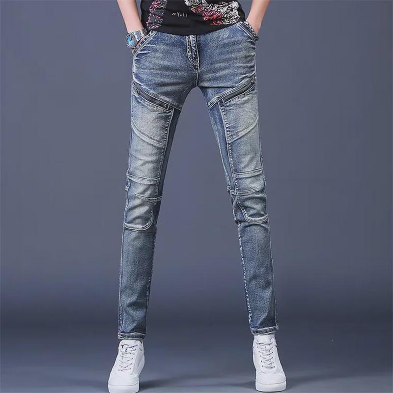Pantalones vaqueros retro lavados de corte ajustado para hombre: pantalones de moto de moda de primavera y otoño