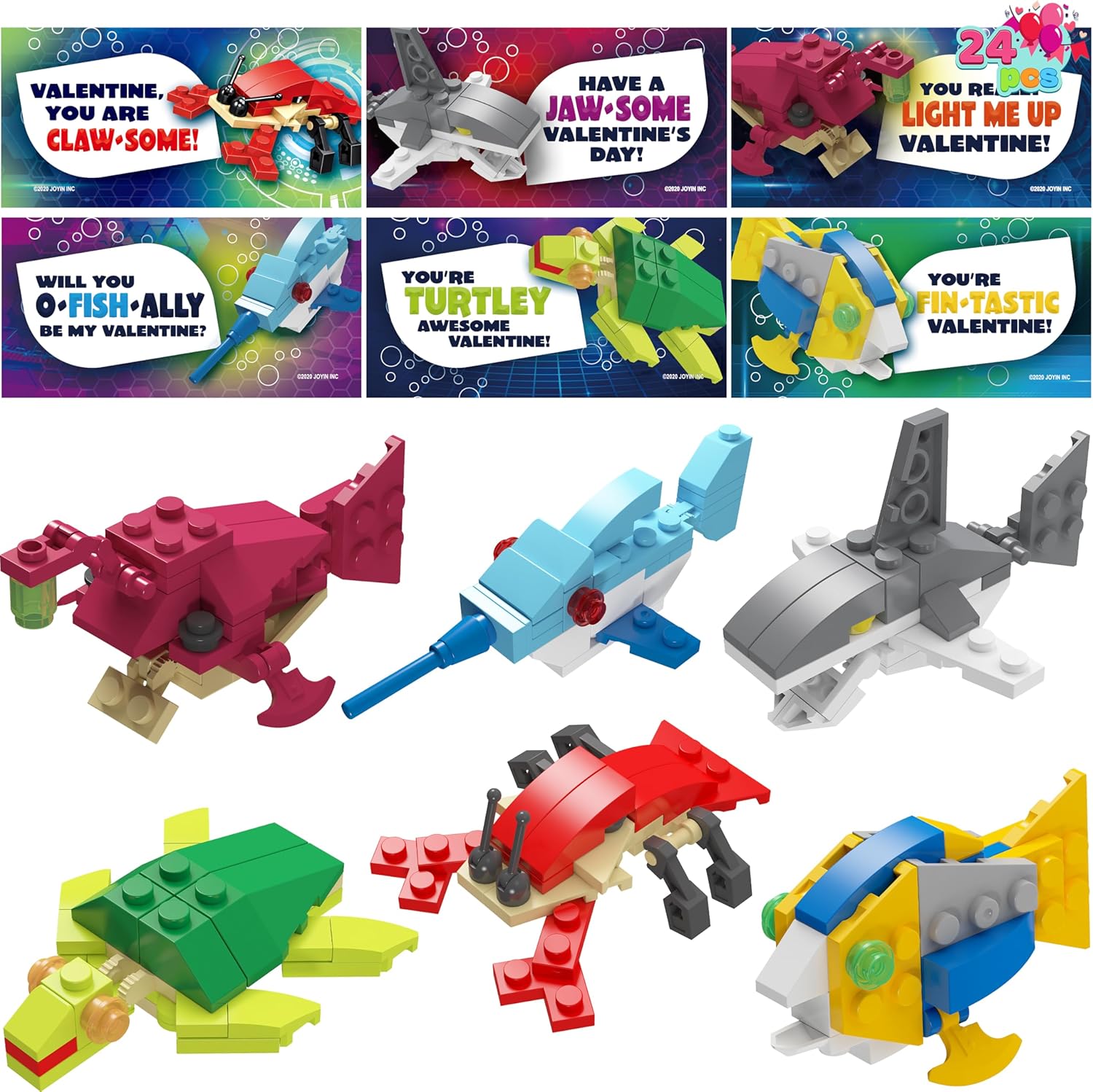 

JOYFY 24 Packs Ocean Animal Building Blocks with Valentines Day Cards for Valentine Classroom Favors Educational Birthday Gifts
