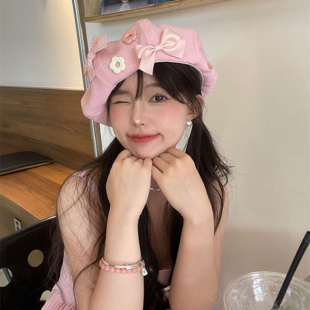 Baumwoll Schleifenblumen Baskenmütze Einfarbig Malerhut Persönlichkeit Achteckige Kappe Mädchen