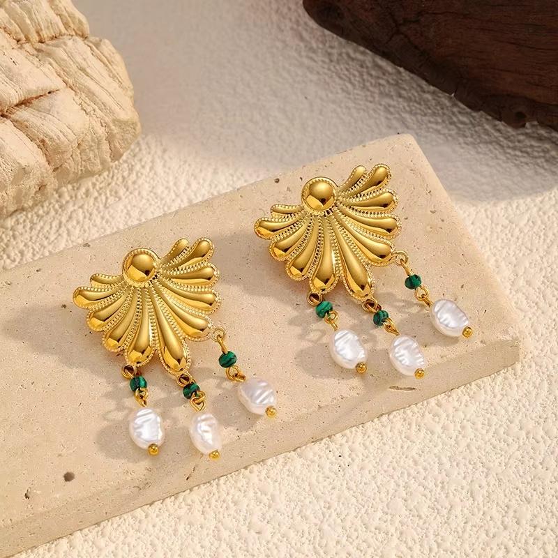 Fashion Exqusite Geometric Texture Stud Earrings Stainless Steel Pearl Tassel Earrings  For Woman Daily Wear Party Gifts
