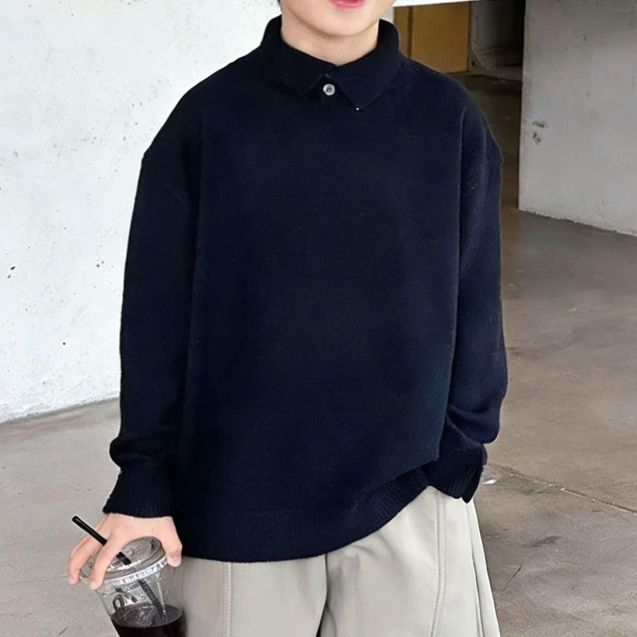 Spring Boys Old Money Knit Polo Shirt Korean Long Sleeve Fashionable Versatile Kids Clothing 90