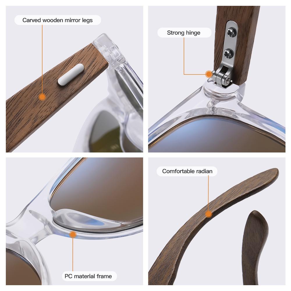 XUEDIAO Transparent PC Frame With Wood Tmeple Sun Glasses Polarized for Men Women Fashion Handmade Sunglasses