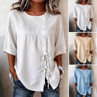 Women Tops Round Neck Short Sleeves Buttons Decor Pullover Tops Pure Color Loose Fit Side Lace-up Casual T-shirt