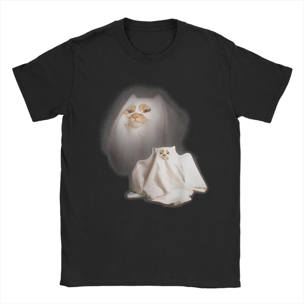 Ghost Cat Meme Funny Halloween T-Shirt Kitten Vintage Tees Round Neck Short Sleeve T Shirts Party Clothing Kawaii Clothes
