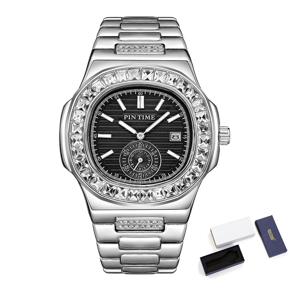 Business Men's Watches Shiny Diamond Case Fashion Quartz Wristwatch Stainless Steel Strap Waterproof 30M Calendar Reloj Hombre