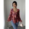 Fashion Square Collar Sweet Flower Printed Women Blouse Blending Tie Long Sleeved Shirt Ladies Loose Irregular Tops Elegant Slim Fit Casual Clothing