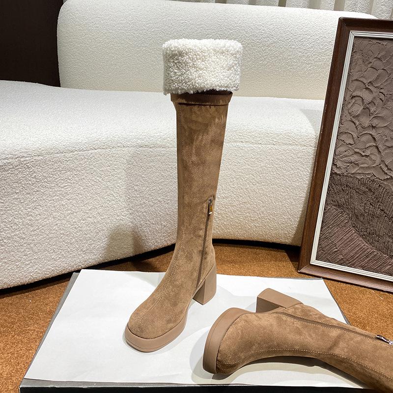 

Ботфорты, высокие сапоги, женские сапоги, зимние новые высокие голенища, длинные голенища, толстая подошва, эластичный толстый каблук из овечьей шерсти, сапоги на наборном каблуке 34