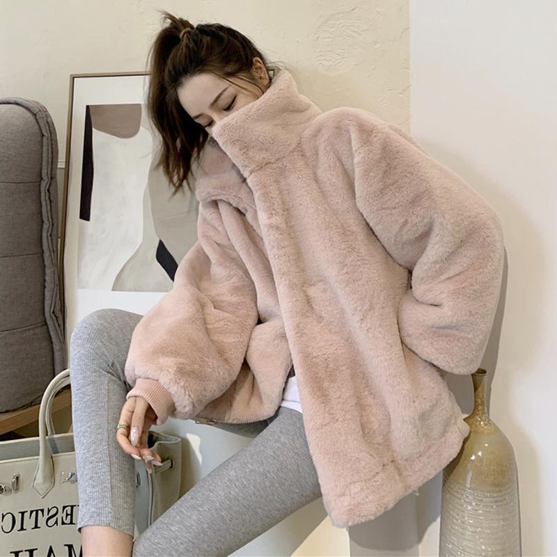 

Imitation rabbit fur warm women s winter loose stand-up collar thickened cotton plush top jacket S 90-100 светло-розовый