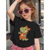 Girls Cartoon Dinosaur Brushing Teeth Drinking Tea Print Orange Short Sleeve Dress, Cute Daily Casual Outfit