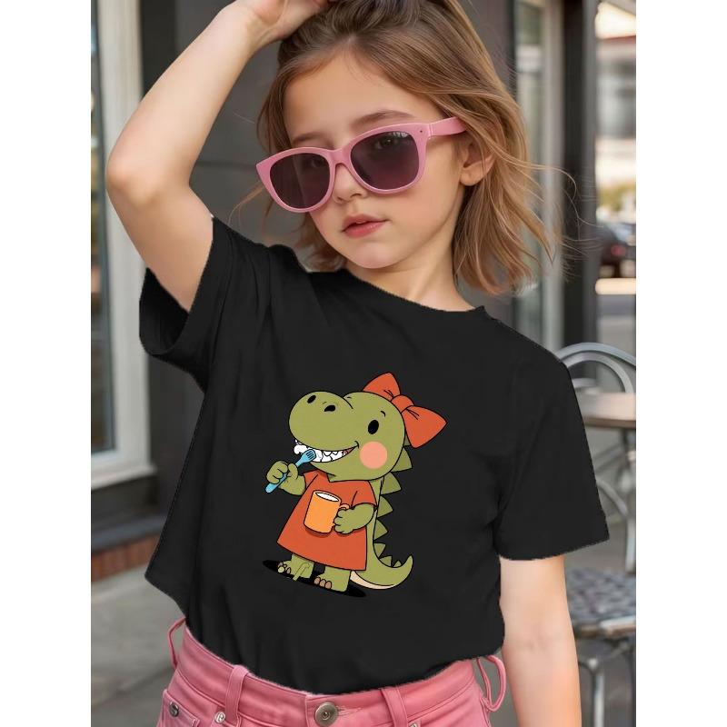 Girls Cartoon Dinosaur Brushing Teeth Drinking Tea Print Orange Short Sleeve Dress, Cute Daily Casual Outfit