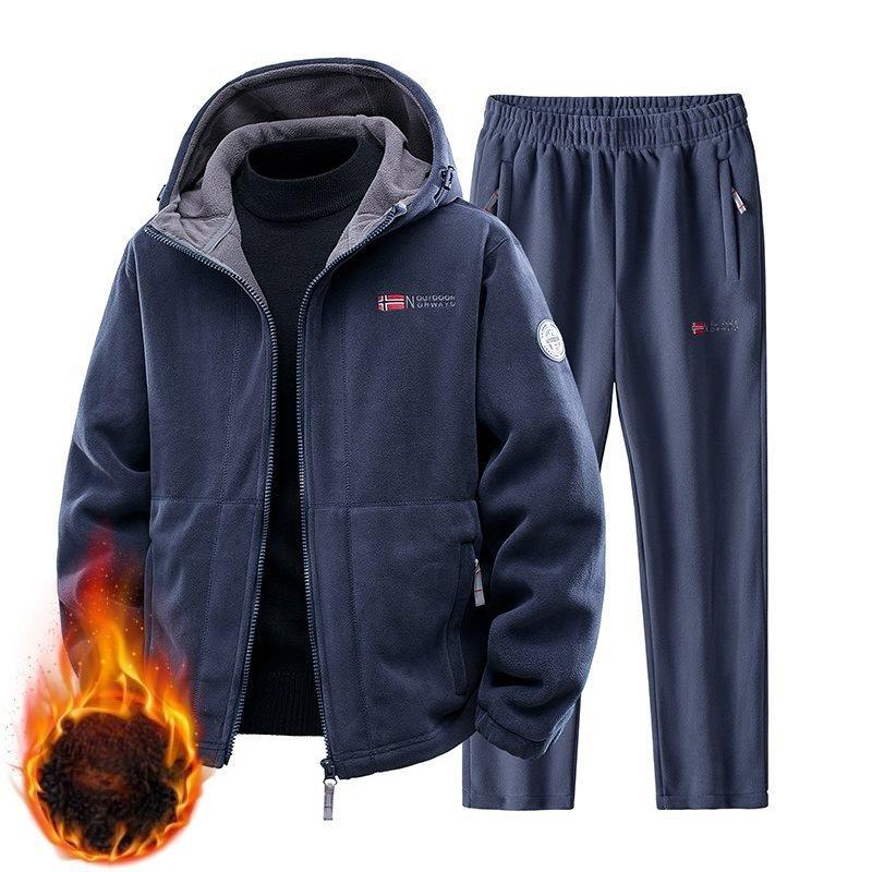 Autumn Winter Men Fleece Tracksuit Casual Set Joggers Hooded Sportswear Jackets + Pants 2 Piece Sets Hip Hop Running Sports Suit