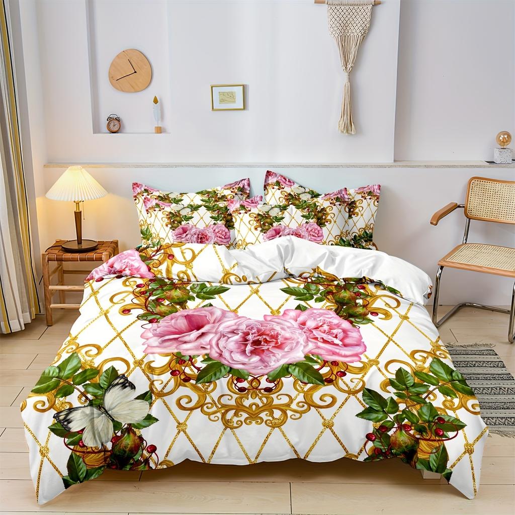 3pcs Luxury Style Floral Pattern Bedding Set Soft Comfortable Bedding Set For Home Bedroom Hotel 1 Duvet Cover & 2 Pillowcases