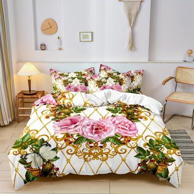 Juego de Cama de 3 Piezas con Estampado Floral Estilo Lujo Juego de Cama Suave y Cómodo para Hogar Dormitorio Hotel 1 Funda Nórdica y 2 Fundas de Almohada