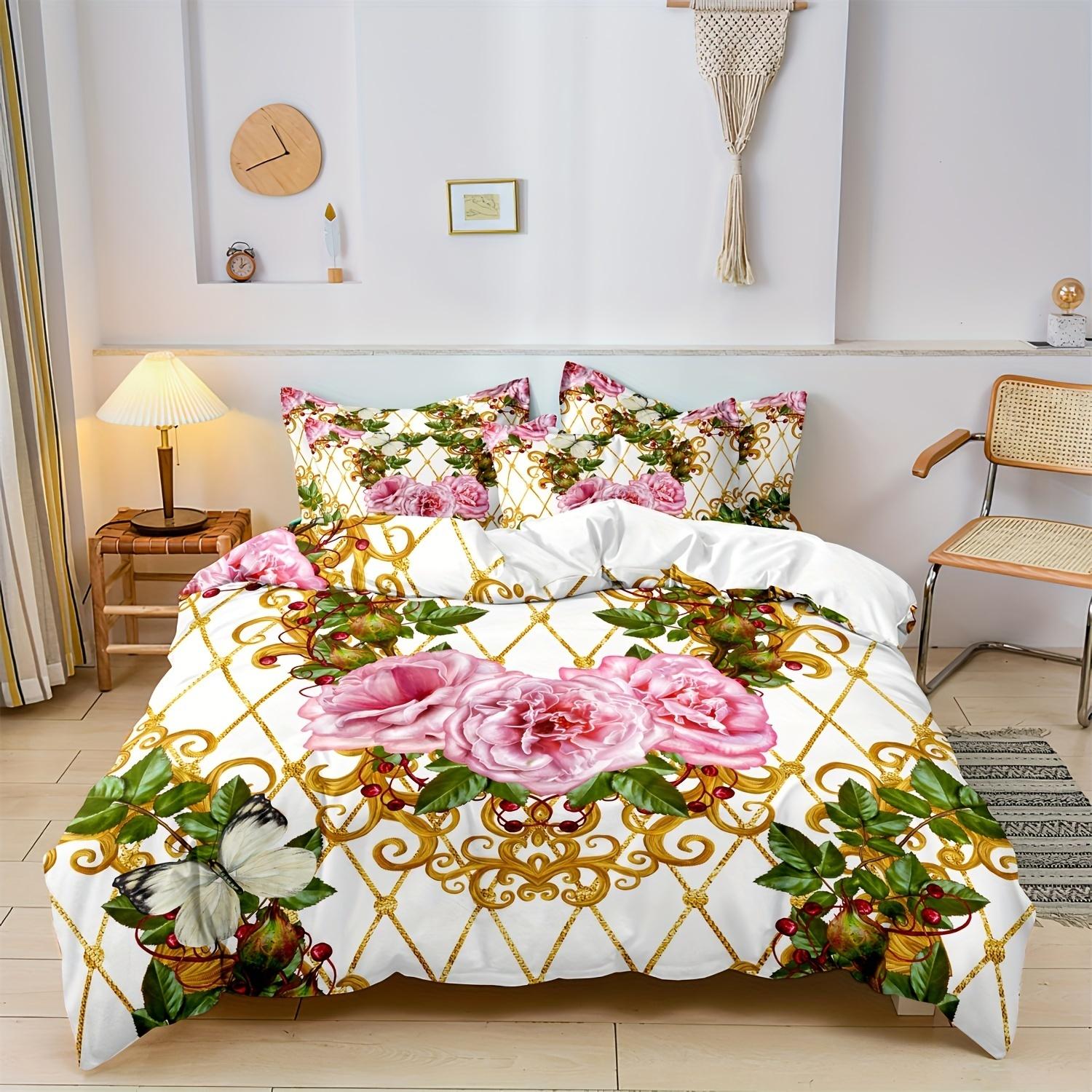 

3pcs Luxury Style Floral Pattern Bedding Set Soft Comfortable Bedding Set For Home Bedroom Hotel 1 Duvet Cover & 2 Pillowcases EU Single-135x200cm&set