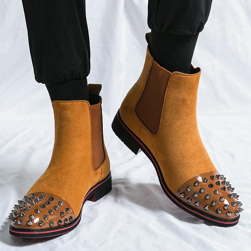 New Winter Pointed Punk Rivet Suede Chelsea Ankle Boots Brown Black Men's Casual Luxury Brand High-top Shoes Zapatos Hombre