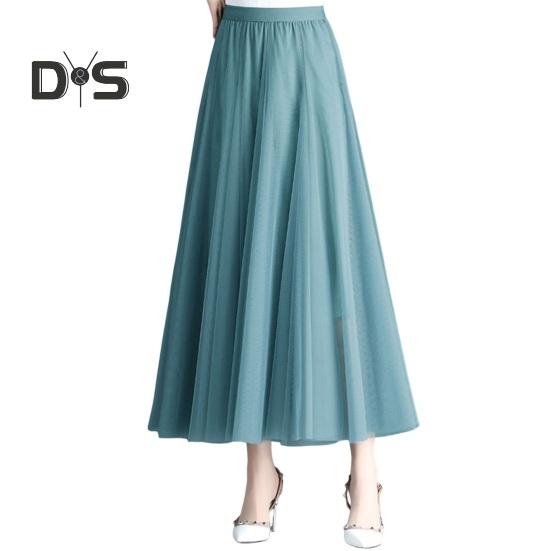 Women Midi Skirt Elastic High Waist Long Skirt with Solid Mesh Hem Solid Color A-Line Skirt Daily Wear