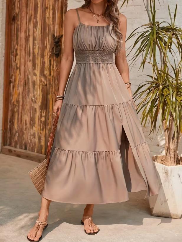 Spring and Summer New European and American Suspender Layered Waist Solid Color Slim Dress Women's Dress