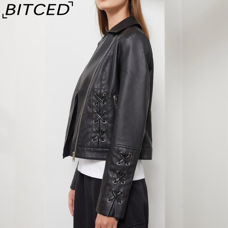 BITCED Fashion Knitted Leather Jacket for Women with Straps Trendy Clothing Casual Jacket