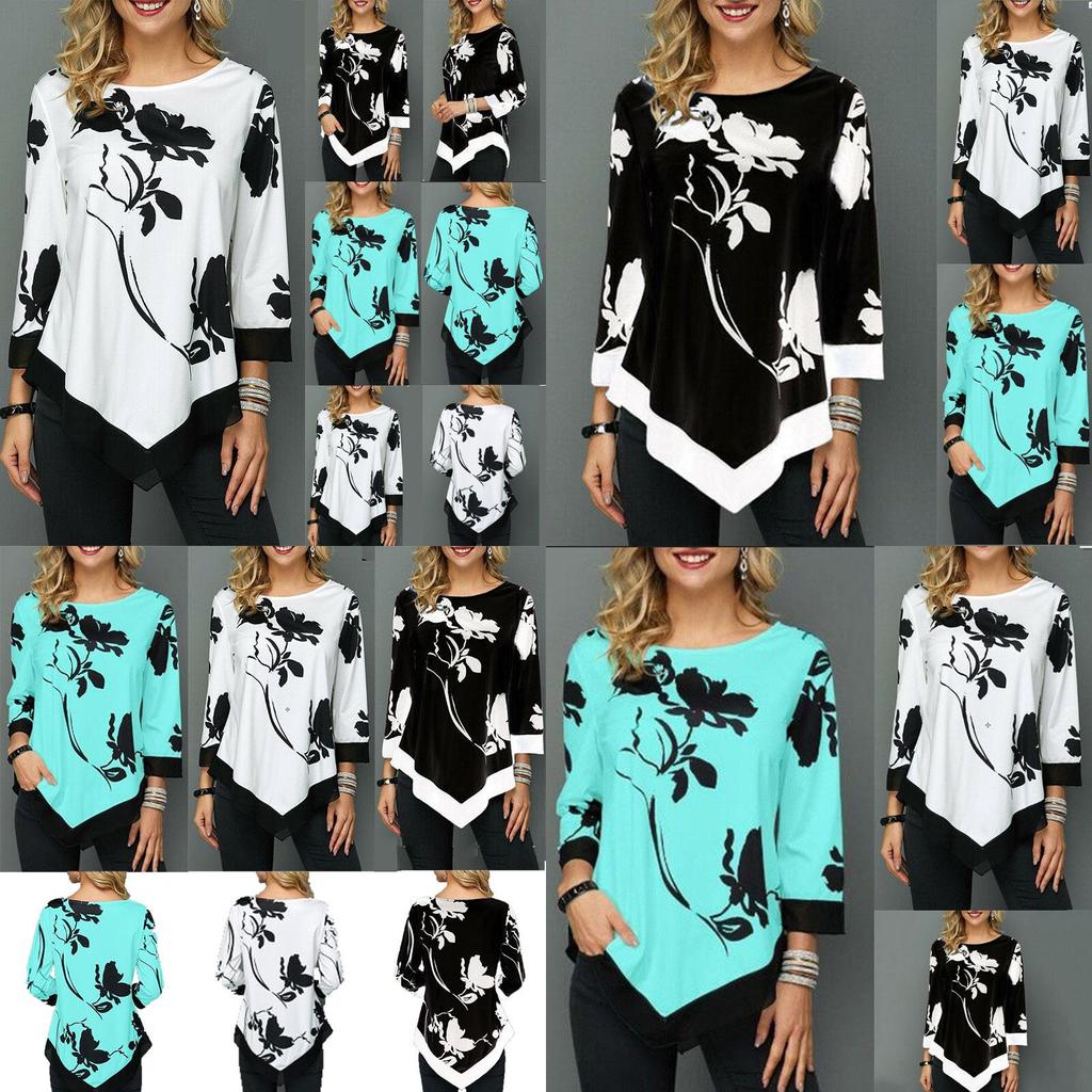 Elegant Women Irregular Floral Blouse Tee With Asymmetric Hem And Round Neck