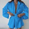 Summer 2023 Women's Casual Fashion Solid Color Ruffled Long Sleeve Shorts Set
