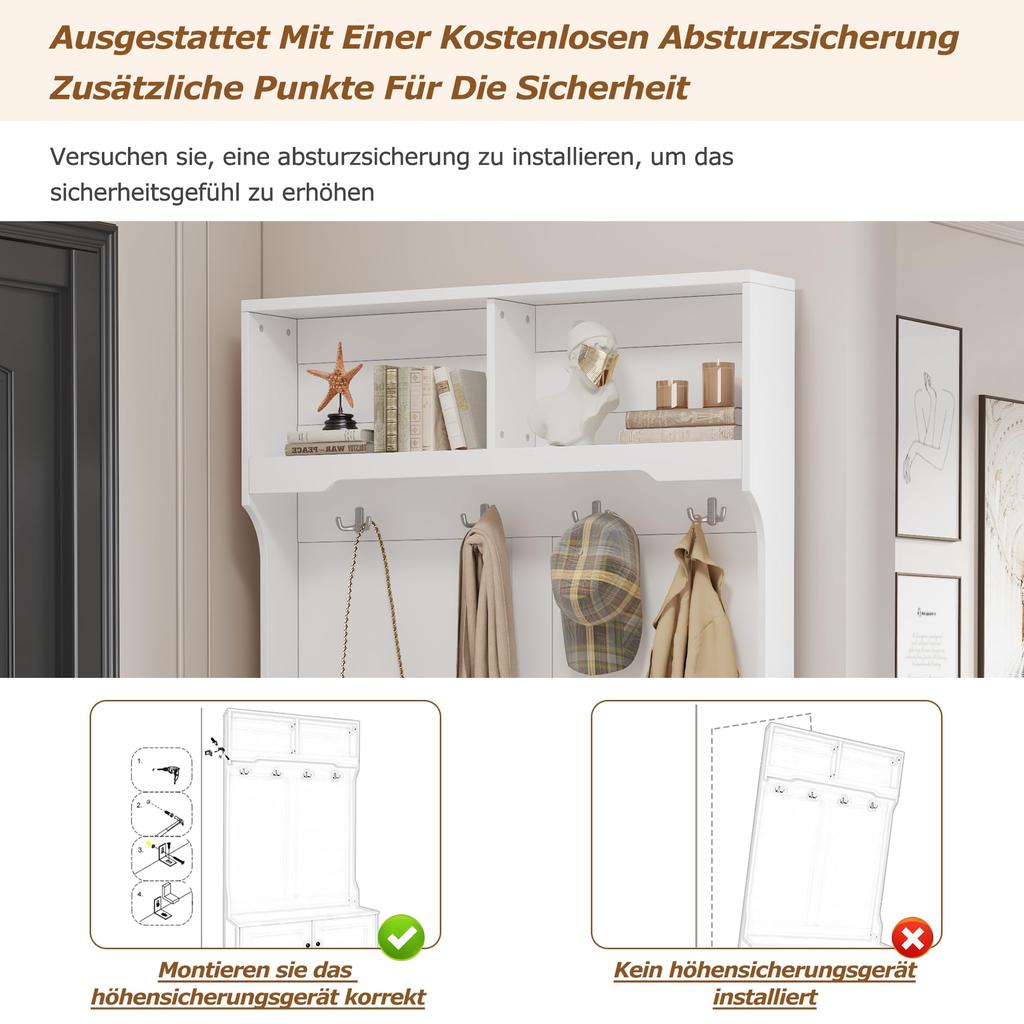 Ensemble de vestiaire pour couloir, Moderne Ensemble de vestiaire pour couloir 4 crochets, Meuble à chaussures, Banc à chaussures, Compartiment ouvert, Meuble d'entrée pour entrée, Blanc